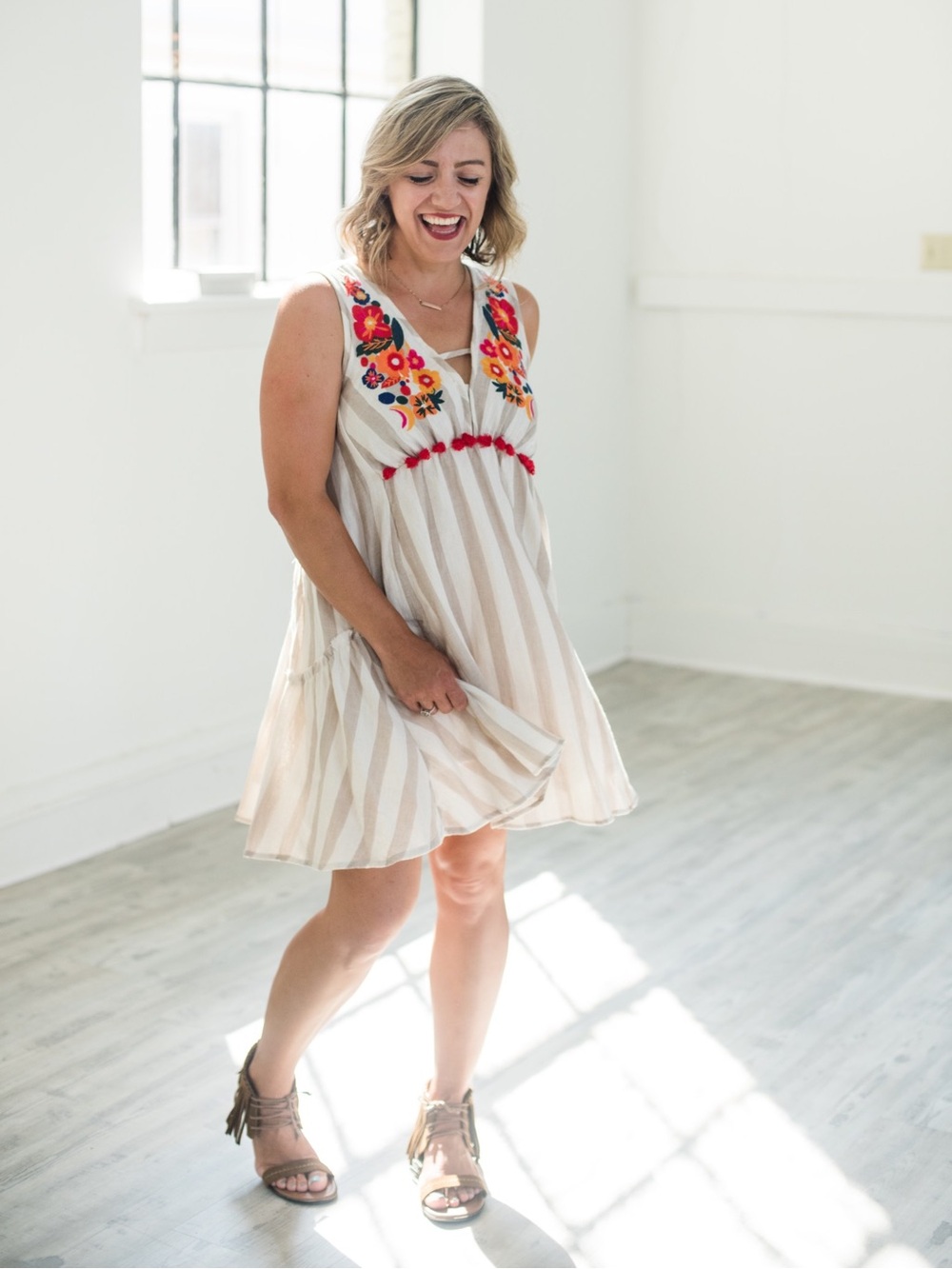 Anthropologie THML Mini Dress Small Striped Floral Embroidery V Neck Sleeveless